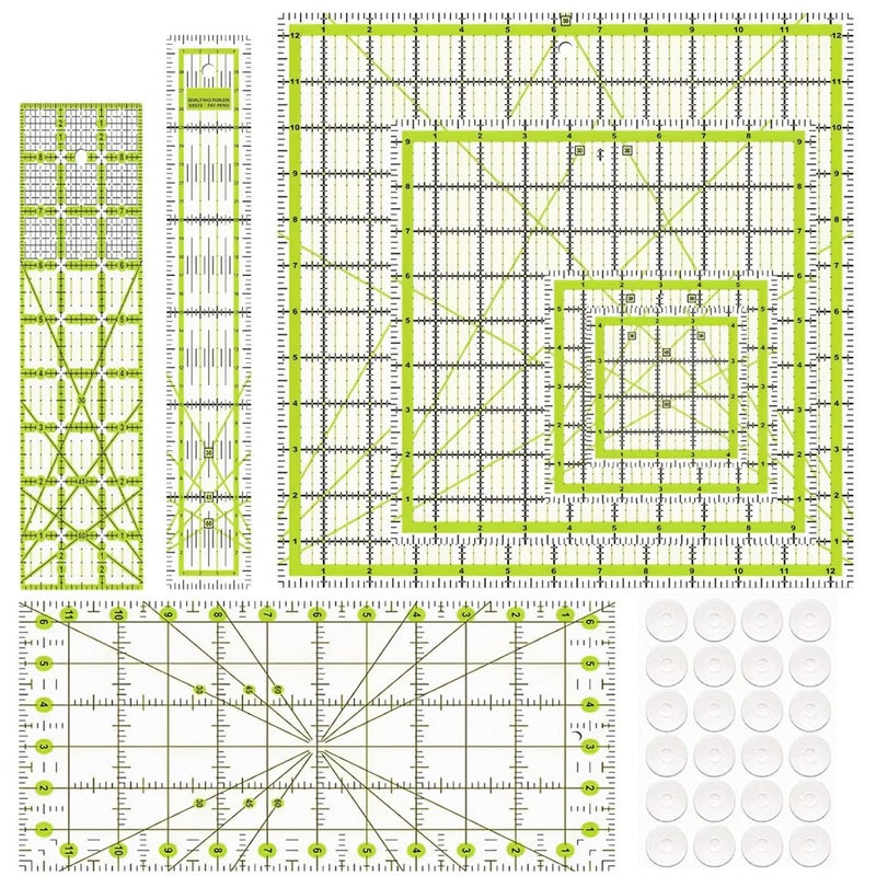 ZICALSO Quilting Rulers,7 Acrylic Ruler Quilting Templates(4.5"X4.5", 6"X6", 9.5"X9.5", 12.5"X12.5",6.5"x12",2"x12",3"x9"),Acrylic Rulers Fabric Cutting Ruler with Non-Slip Rings for Quilting and Sewing - Image 1